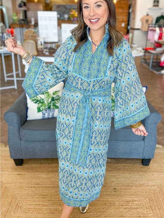 Victoria Dunn Dresses & Skirts - Victoria Dunn - Brynn Blue and Green Geometric Kimono Maxi Dress with Waist Tie
